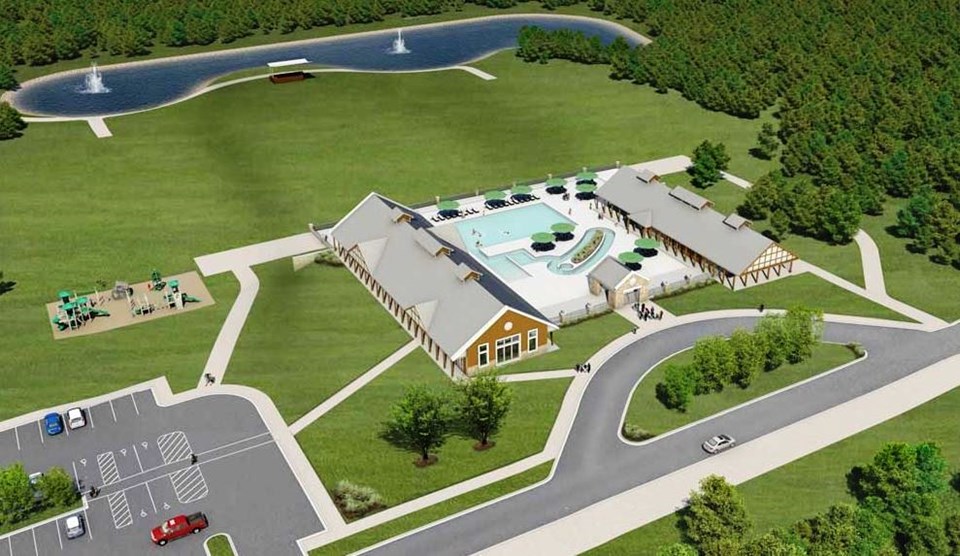 the new recreation complex with pool, fitness center, restaurants and playground.