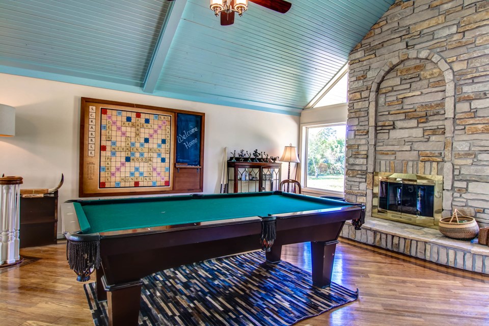 great room and fireplace.