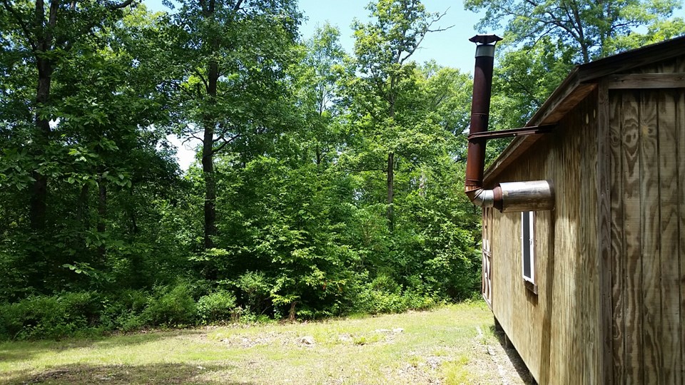 rear of the cabin overlooking the woods.